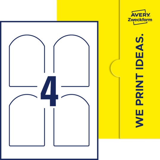 Packungsabbildung inlusive Stanze, Einzelbogen A4, Artikel 75x110-AR, 75 x 110 mm, 4 Etiketten/Bogen