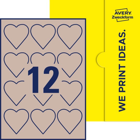 Packungsabbildung inklusive Stanzzeichnung Einzelbogen A4, Etiketten, 60 x 60 mm, 12 Etiketten/Bogen, Herz