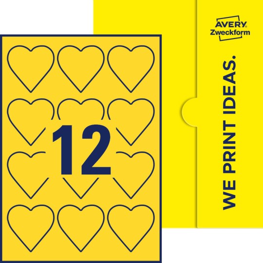 Packungsabbildung inklusive Stanzzeichnung Einzelbogen A4, Etiketten, 60 x 60 mm, 12 Etiketten/Bogen, Herz