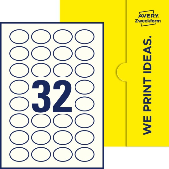 Packungsabbildung inklusive Stanzzeichnung Einzelbogen A4, Etiketten, 40 x 30 mm, 32 Etiketten/Bogen, Oval