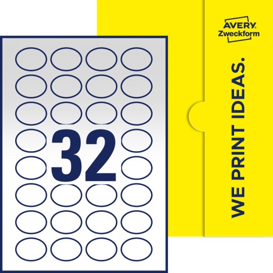 Packungsabbildung inklusive Stanzzeichnung Einzelbogen A4, Etiketten, 40 x 30 mm, 32 Etiketten/Bogen, Oval