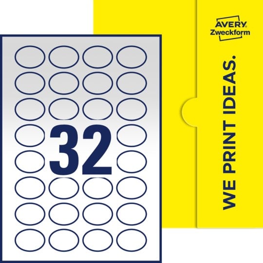 Packungsabbildung inklusive Stanzzeichnung Einzelbogen A4, Etiketten, 40 x 30 mm, 32 Etiketten/Bogen, Oval