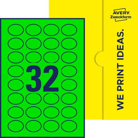 Packungsabbildung inklusive Stanzzeichnung Einzelbogen A4, Etiketten, 40 x 30 mm, 32 Etiketten/Bogen, Oval