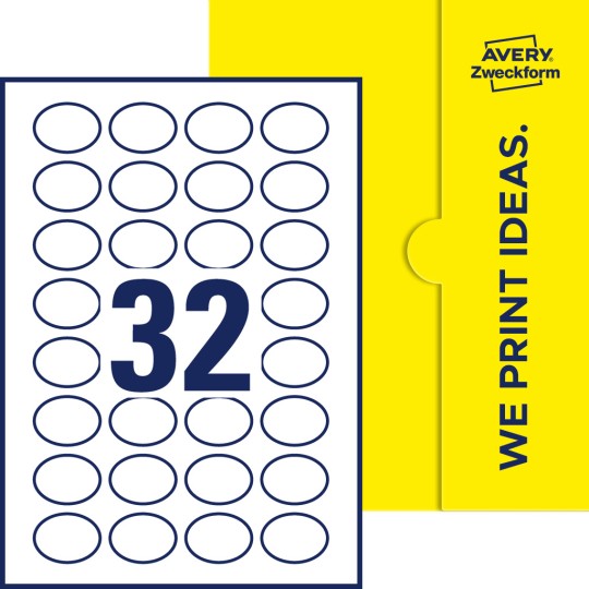 Packungsabbildung inklusive Stanzzeichnung Einzelbogen A4, Etiketten, 40 x 30 mm, 32 Etiketten/Bogen, Oval