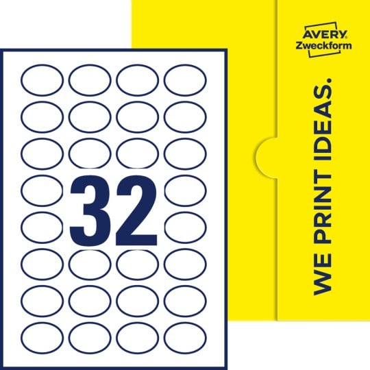Packungsabbildung inklusive Stanzzeichnung Einzelbogen A4, Etiketten, 40 x 30 mm, 32 Etiketten/Bogen, Oval