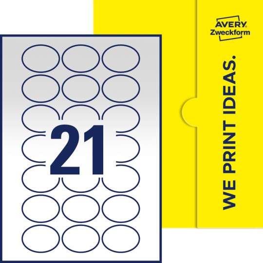 Packungsabbildung inklusive Stanzzeichnung Einzelbogen A4, Etiketten, 50 x 37 mm, 21 Etiketten/Bogen, Oval