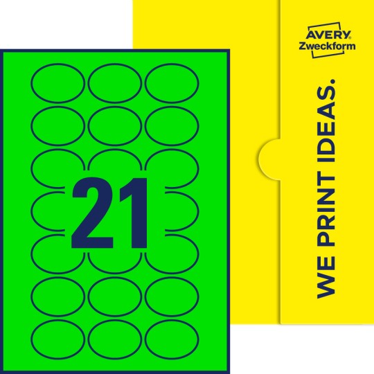 Packungsabbildung inklusive Stanzzeichnung Einzelbogen A4, Etiketten, 50 x 37 mm, 21 Etiketten/Bogen, Oval