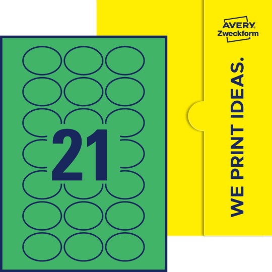 Packungsabbildung inklusive Stanzzeichnung Einzelbogen A4, Etiketten, 50 x 37 mm, 21 Etiketten/Bogen, Oval