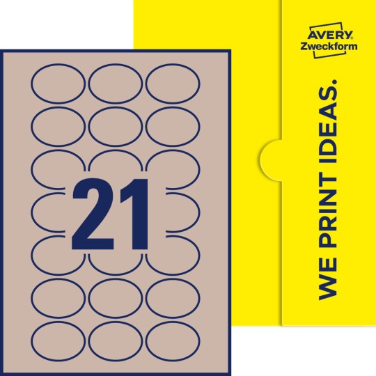 Packungsabbildung inklusive Stanzzeichnung Einzelbogen A4, Etiketten, 50 x 37 mm, 21 Etiketten/Bogen, Oval