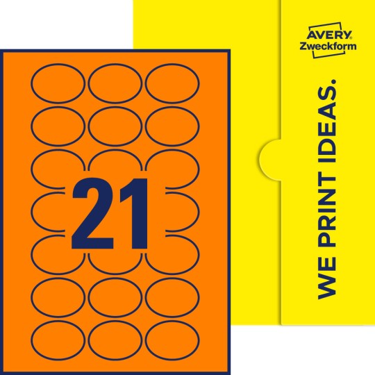 Packungsabbildung inklusive Stanzzeichnung Einzelbogen A4, Etiketten, 50 x 37 mm, 21 Etiketten/Bogen, Oval