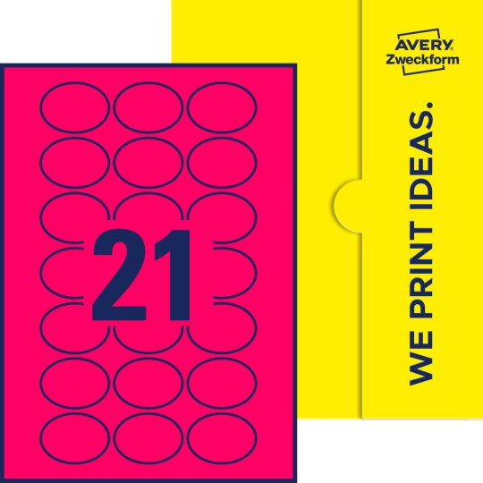 Packungsabbildung inklusive Stanzzeichnung Einzelbogen A4, Etiketten, 50 x 37 mm, 21 Etiketten/Bogen, Oval