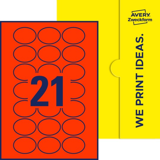 Packungsabbildung inklusive Stanzzeichnung Einzelbogen A4, Etiketten, 50 x 37 mm, 21 Etiketten/Bogen, Oval