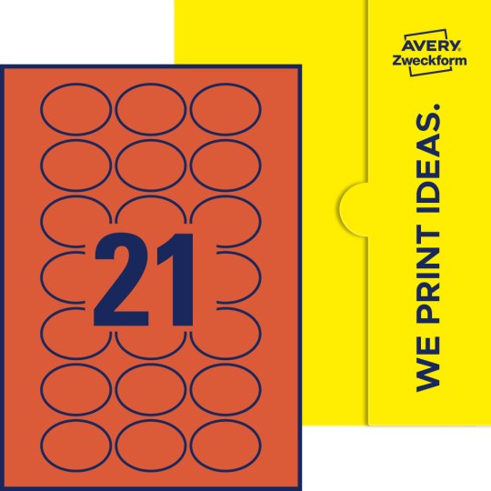 Packungsabbildung inklusive Stanzzeichnung Einzelbogen A4, Etiketten, 50 x 37 mm, 21 Etiketten/Bogen, Oval