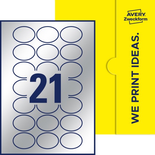 Packungsabbildung inklusive Stanzzeichnung Einzelbogen A4, Etiketten, 50 x 37 mm, 21 Etiketten/Bogen, Oval