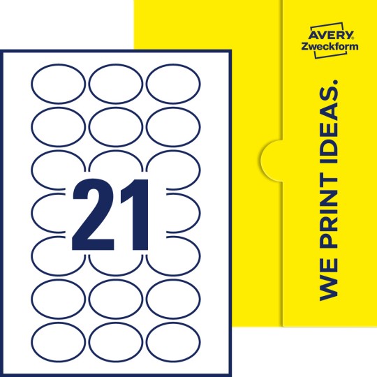 Packungsabbildung inklusive Stanzzeichnung Einzelbogen A4, Etiketten, 50 x 37 mm, 21 Etiketten/Bogen, Oval
