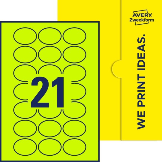Packungsabbildung inklusive Stanzzeichnung Einzelbogen A4, Etiketten, 50 x 37 mm, 21 Etiketten/Bogen, Oval