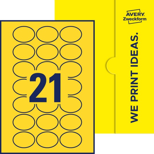 Packungsabbildung inklusive Stanzzeichnung Einzelbogen A4, Etiketten, 50 x 37 mm, 21 Etiketten/Bogen, Oval
