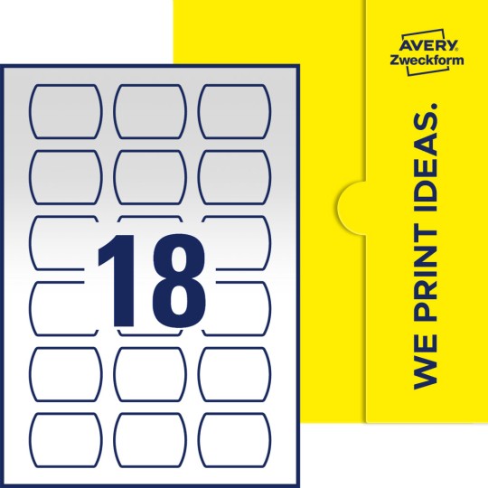 Packungsabbildung inklusive Stanzzeichnung Einzelbogen A4, Etiketten, 50 x 37 mm, 18 Etiketten/Bogen, Gerades Oval
