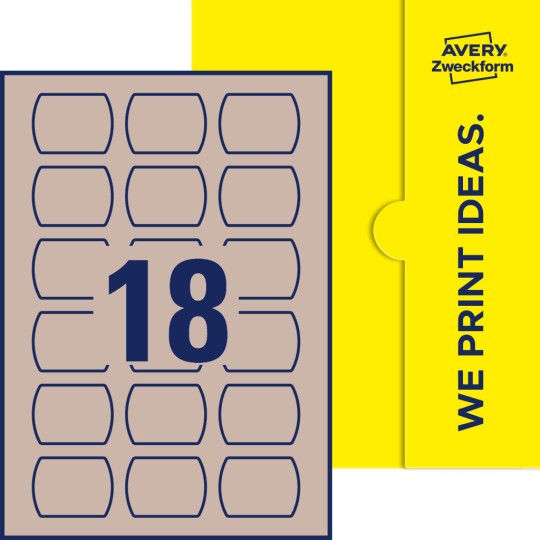 Packungsabbildung inklusive Stanzzeichnung Einzelbogen A4, Etiketten, 50 x 37 mm, 18 Etiketten/Bogen, Gerades Oval