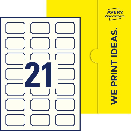 Packungsabbildung inklusive Stanzzeichnung Einzelbogen A4, Etiketten, 50 x 30 mm, 21 Etiketten/Bogen, Plakette