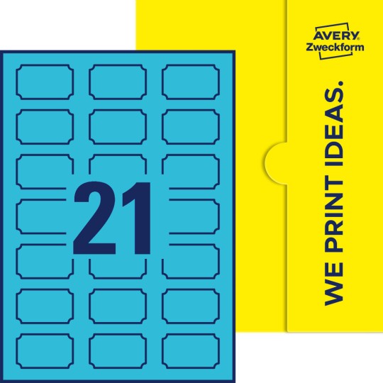 Packungsabbildung inklusive Stanzzeichnung Einzelbogen A4, Etiketten, 50 x 30 mm, 21 Etiketten/Bogen, Plakette