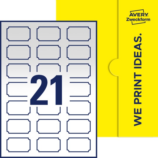 Packungsabbildung inklusive Stanzzeichnung Einzelbogen A4, Etiketten, 50 x 30 mm, 21 Etiketten/Bogen, Plakette