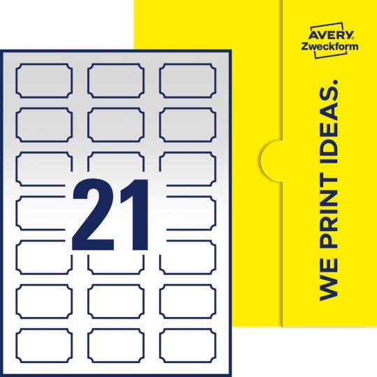 Packungsabbildung inklusive Stanzzeichnung Einzelbogen A4, Etiketten, 50 x 30 mm, 21 Etiketten/Bogen, Plakette