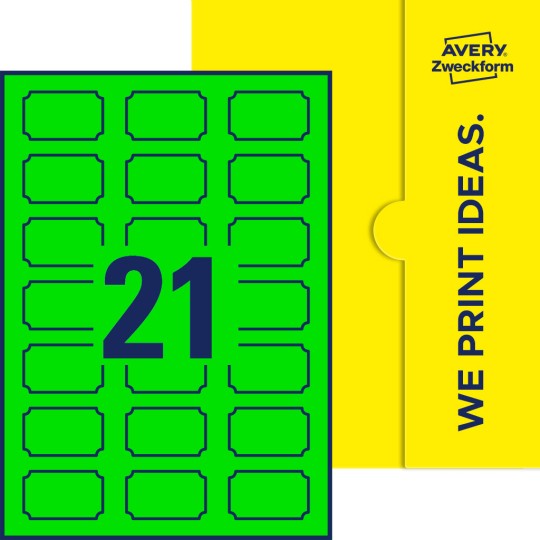 Packungsabbildung inklusive Stanzzeichnung Einzelbogen A4, Etiketten, 50 x 30 mm, 21 Etiketten/Bogen, Plakette