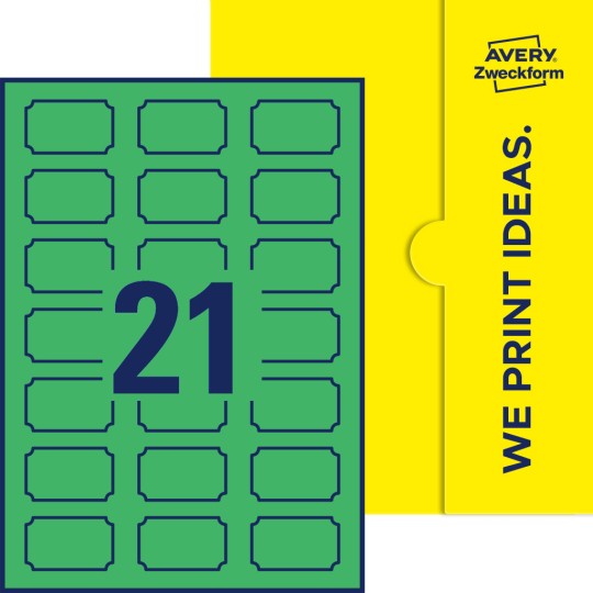 Packungsabbildung inklusive Stanzzeichnung Einzelbogen A4, Etiketten, 50 x 30 mm, 21 Etiketten/Bogen, Plakette