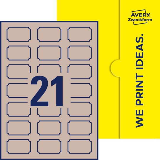 Packungsabbildung inklusive Stanzzeichnung Einzelbogen A4, Etiketten, 50 x 30 mm, 21 Etiketten/Bogen, Plakette