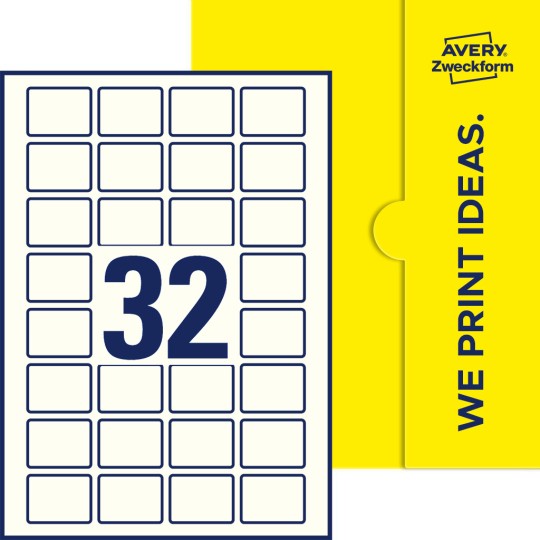 Packungsabbildung inklusive Stanzzeichnung Einzelbogen A4, Etiketten, 40 x 30 mm, 32 Etiketten/Bogen, Rechteckig
