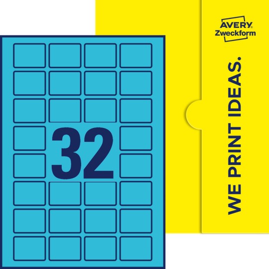 Packungsabbildung inklusive Stanzzeichnung Einzelbogen A4, Etiketten, 40 x 30 mm, 32 Etiketten/Bogen, Rechteckig