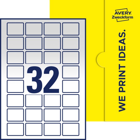 Packungsabbildung inklusive Stanzzeichnung Einzelbogen A4, Etiketten, 40 x 30 mm, 32 Etiketten/Bogen, Rechteckig