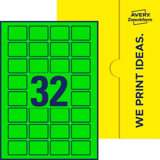 Packungsabbildung inklusive Stanzzeichnung Einzelbogen A4, Etiketten, 40 x 30 mm, 32 Etiketten/Bogen, Rechteckig