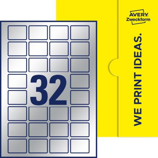 Packungsabbildung inklusive Stanzzeichnung Einzelbogen A4, Etiketten, 40 x 30 mm, 32 Etiketten/Bogen, Rechteckig