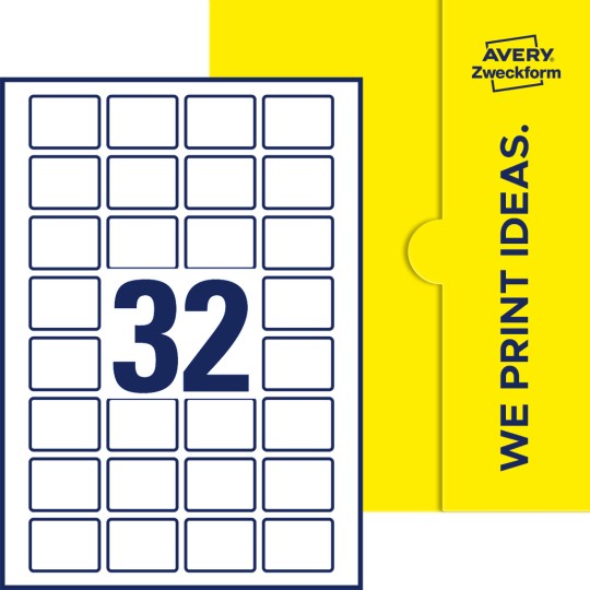 Packungsabbildung inklusive Stanzzeichnung Einzelbogen A4, Etiketten, 40 x 30 mm, 32 Etiketten/Bogen, Rechteckig