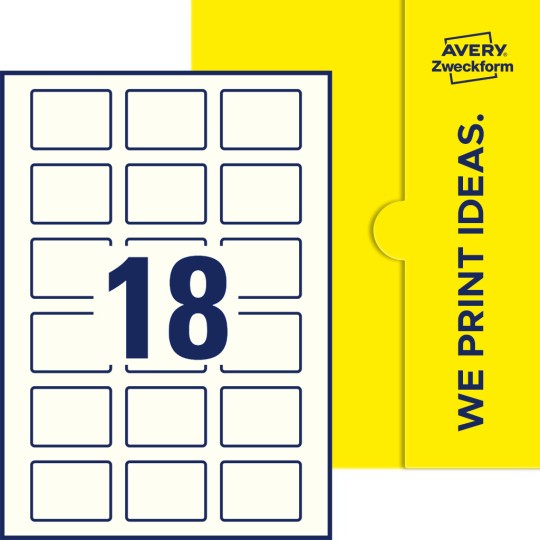 Packungsabbildung inklusive Stanzzeichnung Einzelbogen A4, Etiketten, 50 x 37 mm, 18 Etiketten/Bogen, Rechteckig