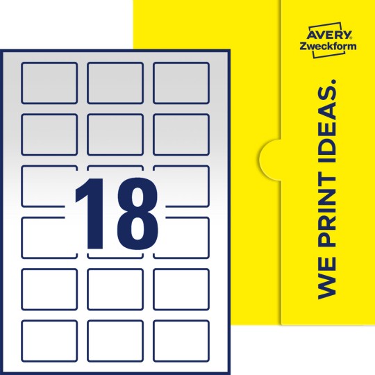 Packungsabbildung inklusive Stanzzeichnung Einzelbogen A4, Etiketten, 50 x 37 mm, 18 Etiketten/Bogen, Rechteckig