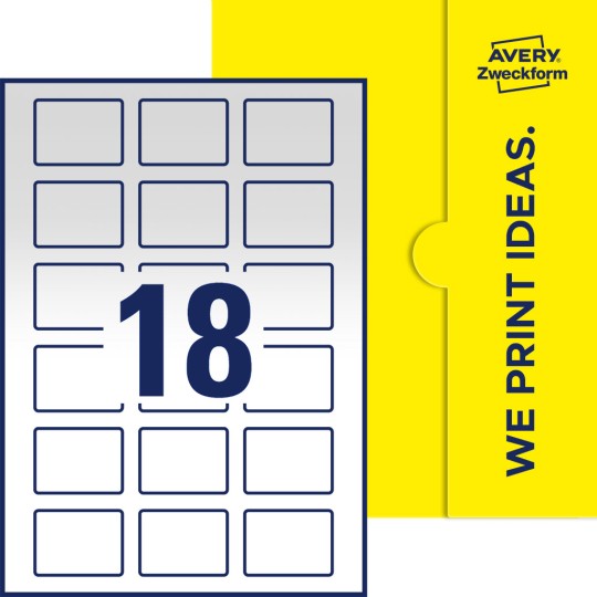 Packungsabbildung inklusive Stanzzeichnung Einzelbogen A4, Etiketten, 50 x 37 mm, 18 Etiketten/Bogen, Rechteckig