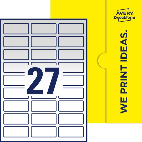 Packungsabbildung inklusive Stanzzeichnung Einzelbogen A4, Etiketten, 60 x 25 mm, 27 Etiketten/Bogen, Rechteckig