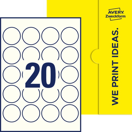 Packungsabbildung inklusive Stanzzeichnung Einzelbogen A4, Etiketten, 45 mm, 20 Etiketten/Bogen, Rund