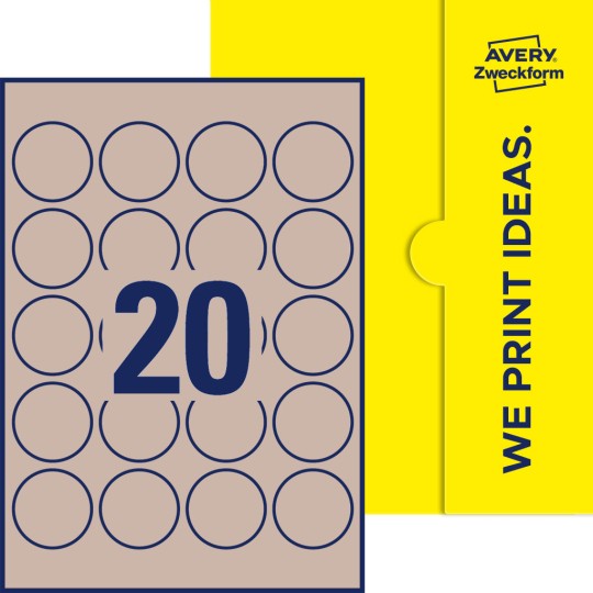 Packungsabbildung inklusive Stanzzeichnung Einzelbogen A4, Etiketten, 45 mm, 20 Etiketten/Bogen, Rund