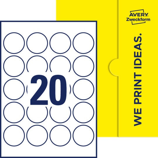 Packungsabbildung inklusive Stanzzeichnung Einzelbogen A4, Etiketten, 45 mm, 20 Etiketten/Bogen, Rund