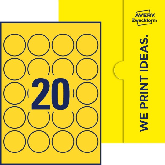 Packungsabbildung inklusive Stanzzeichnung Einzelbogen A4, Etiketten, 45 mm, 20 Etiketten/Bogen, Rund