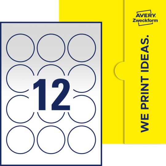 Packungsabbildung inklusive Stanzzeichnung Einzelbogen A4, Etiketten, 57 mm, 12 Etiketten/Bogen, Rund