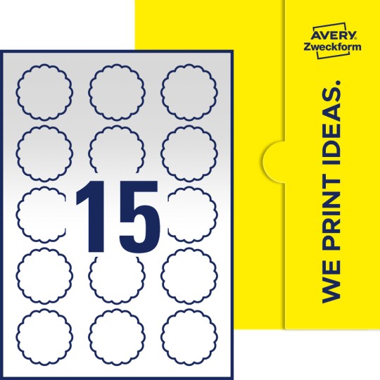 Packungsabbildung inklusive Stanzzeichnung Einzelbogen A4, Etiketten, 50 x 50 mm, 15 Etiketten/Bogen, Blume