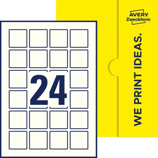 Packungsabbildung inklusive Stanzzeichnung Einzelbogen A4, Etiketten, 40 x 40 mm, 24 Etiketten/Bogen, Quadratisch