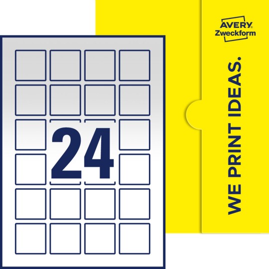 Packungsabbildung inklusive Stanzzeichnung Einzelbogen A4, Etiketten, 40 x 40 mm, 24 Etiketten/Bogen, Quadratisch