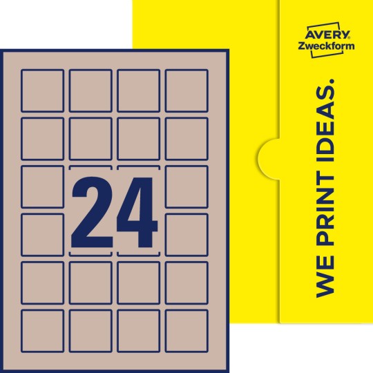 Packungsabbildung inklusive Stanzzeichnung Einzelbogen A4, Etiketten, 40 x 40 mm, 24 Etiketten/Bogen, Quadratisch