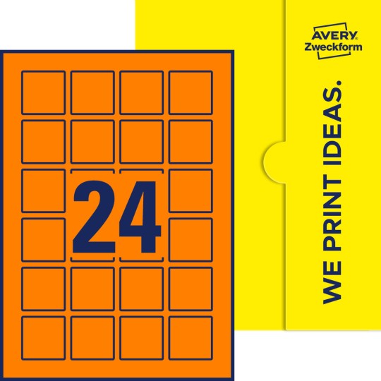 Packungsabbildung inklusive Stanzzeichnung Einzelbogen A4, Etiketten, 40 x 40 mm, 24 Etiketten/Bogen, Quadratisch